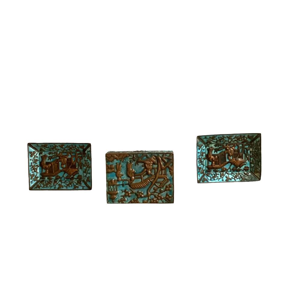 Antique Qing Chinese Enamel Copper Box and 2 Trays